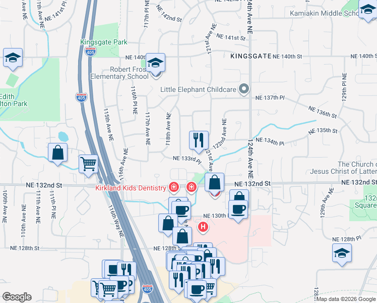 map of restaurants, bars, coffee shops, grocery stores, and more near 13334 119th Avenue Northeast in Kirkland