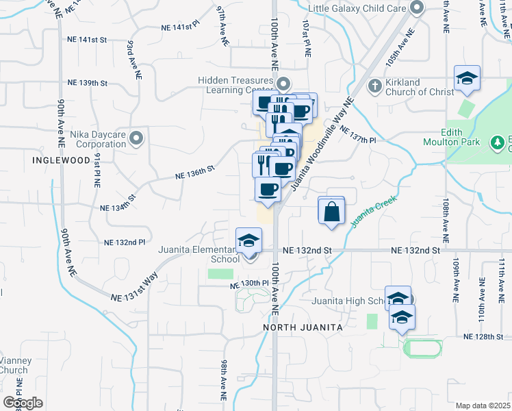 map of restaurants, bars, coffee shops, grocery stores, and more near 13418 98th Avenue Northeast in Kirkland