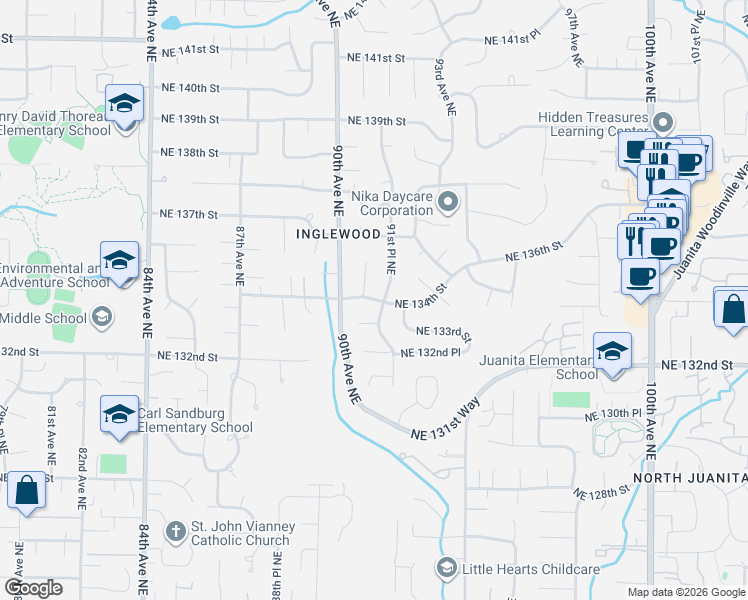 map of restaurants, bars, coffee shops, grocery stores, and more near 13420 90th Place Northeast in Kirkland