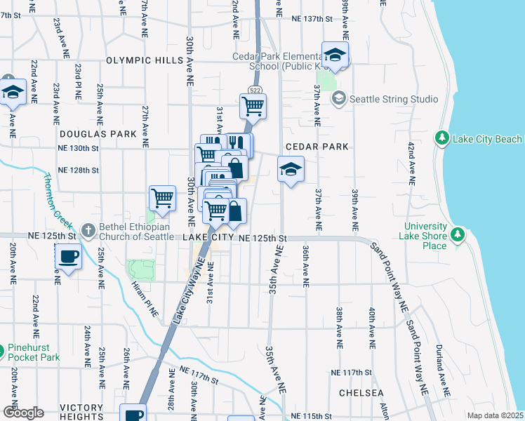 map of restaurants, bars, coffee shops, grocery stores, and more near 12568 33rd Avenue Northeast in Seattle