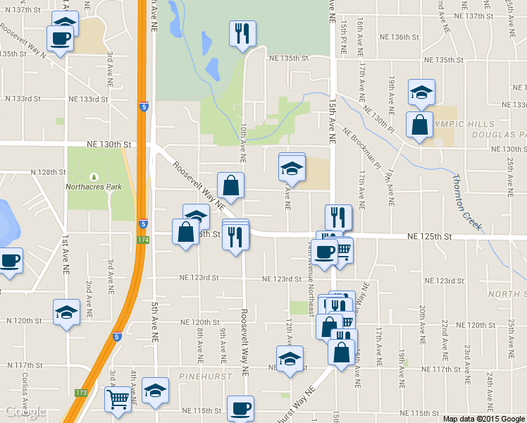 map of restaurants, bars, coffee shops, grocery stores, and more near 1015 Northeast 127th Street in Seattle