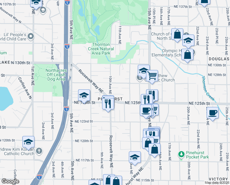 map of restaurants, bars, coffee shops, grocery stores, and more near 1015 Northeast 127th Street in Seattle