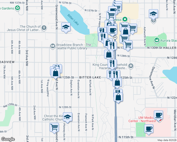 map of restaurants, bars, coffee shops, grocery stores, and more near 12545 Fremont Avenue North in Seattle