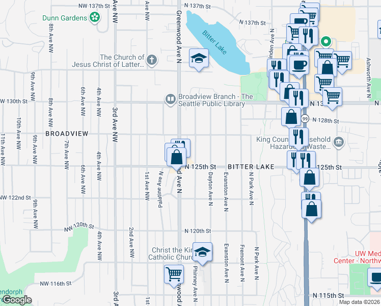 map of restaurants, bars, coffee shops, grocery stores, and more near 12550 Greenwood Avenue North in Seattle