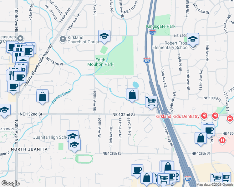 map of restaurants, bars, coffee shops, grocery stores, and more near 13437 110th Place Northeast in Kirkland
