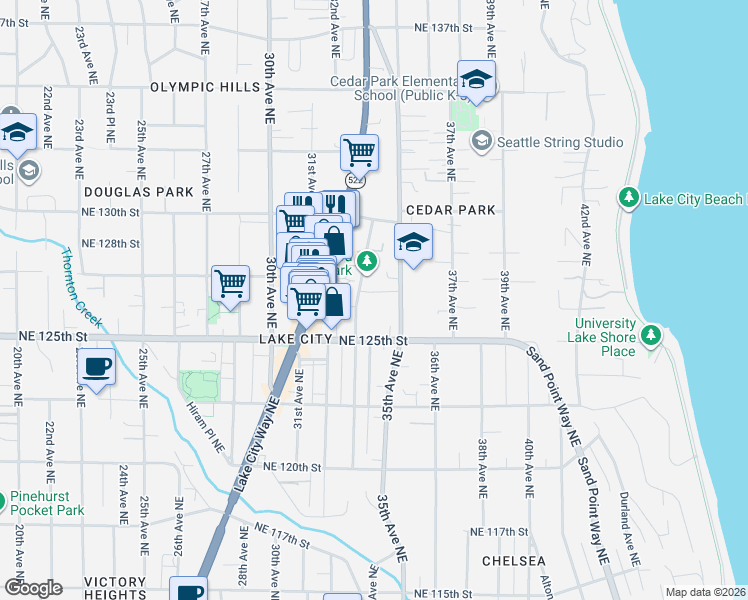 map of restaurants, bars, coffee shops, grocery stores, and more near 12568 1/2 33rd Avenue Northeast in Seattle