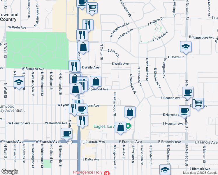 map of restaurants, bars, coffee shops, grocery stores, and more near 121 East Wedgewood Avenue in Spokane