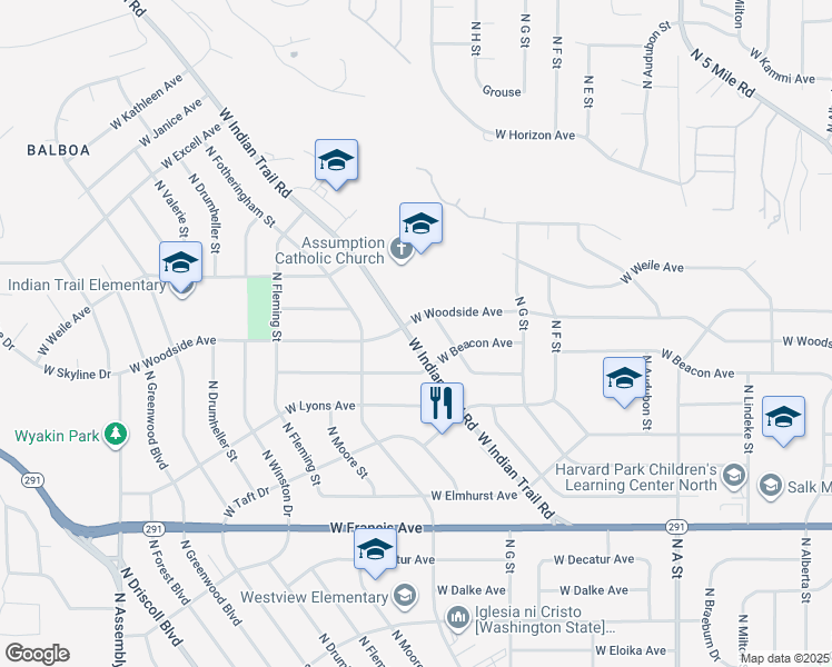 map of restaurants, bars, coffee shops, grocery stores, and more near 3524 West Indian Trail Road in Spokane