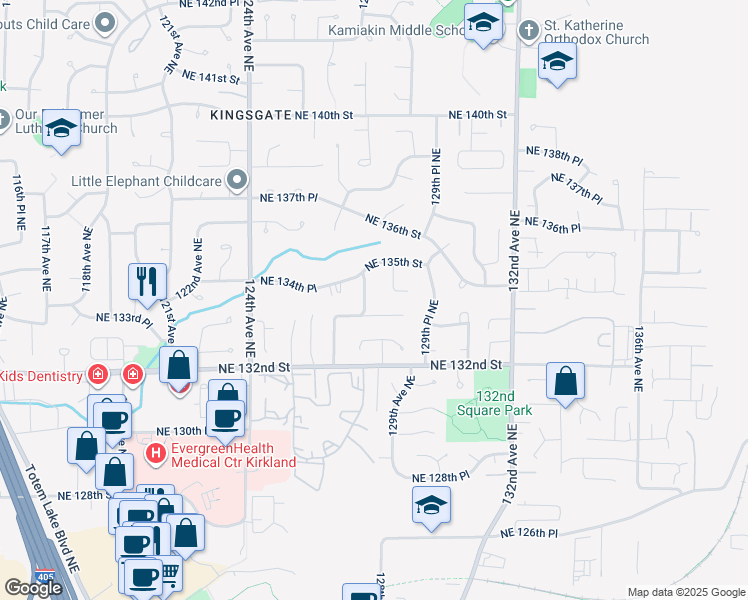 map of restaurants, bars, coffee shops, grocery stores, and more near 13329 127th Place Northeast in Kirkland