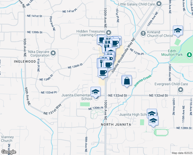 map of restaurants, bars, coffee shops, grocery stores, and more near 13418 98th Avenue Northeast in Kirkland