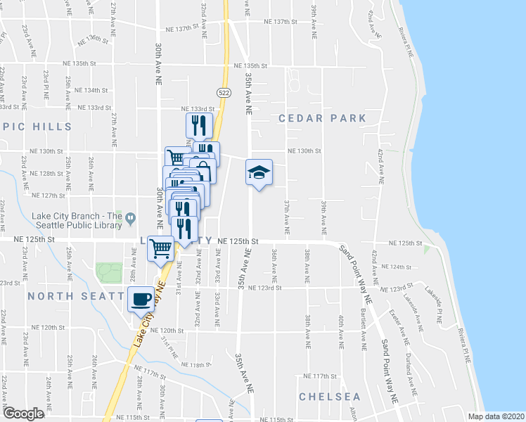 map of restaurants, bars, coffee shops, grocery stores, and more near 12558 35th Avenue Northeast in Seattle