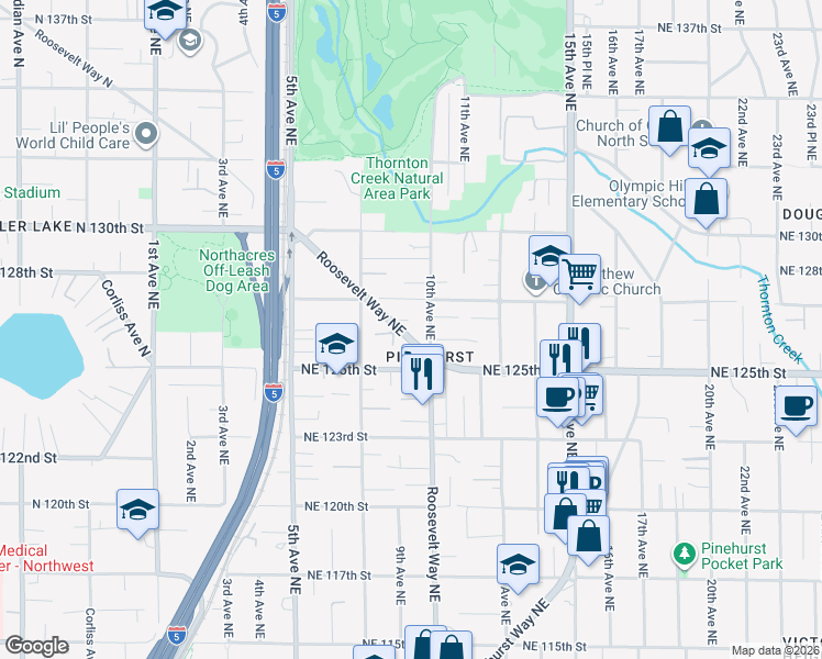 map of restaurants, bars, coffee shops, grocery stores, and more near 837 Northeast 127th Street in Seattle
