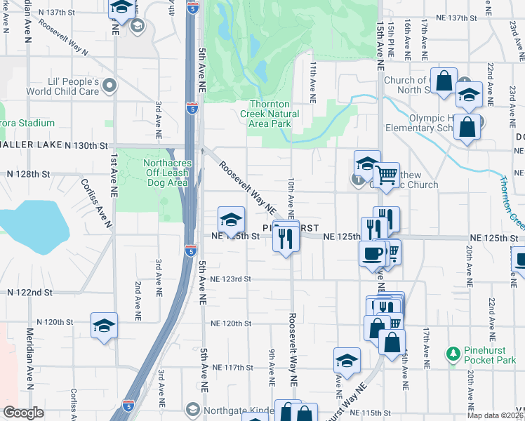 map of restaurants, bars, coffee shops, grocery stores, and more near 12612 8th Avenue Northeast in Seattle