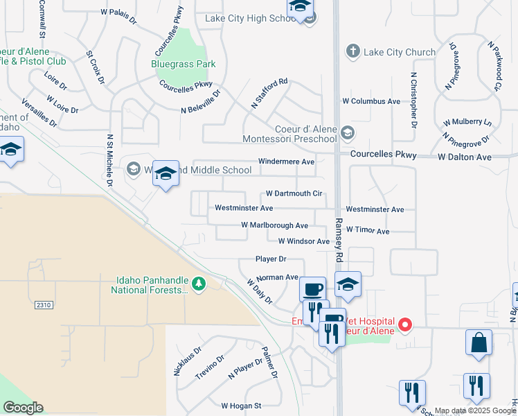 map of restaurants, bars, coffee shops, grocery stores, and more near 1942 West Dartmouth Circle in Coeur d'Alene
