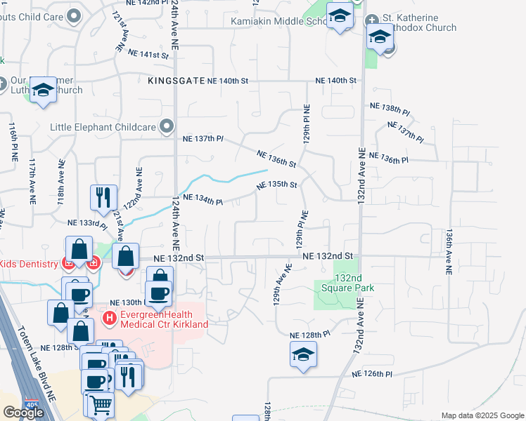 map of restaurants, bars, coffee shops, grocery stores, and more near 13329 127th Place Northeast in Kirkland