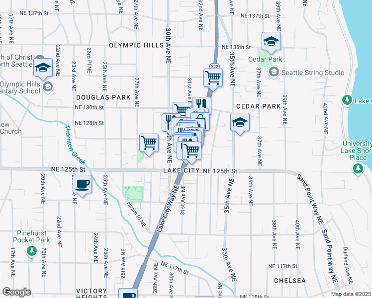 map of restaurants, bars, coffee shops, grocery stores, and more near 12543 Lake City Way Northeast in Seattle