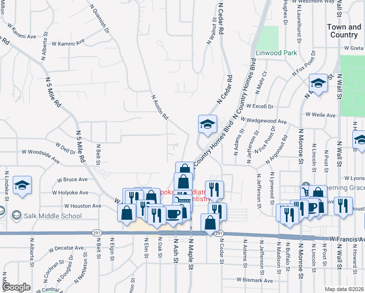 map of restaurants, bars, coffee shops, grocery stores, and more near 6916 North East Bluff Court in Spokane