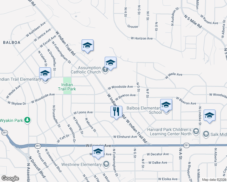 map of restaurants, bars, coffee shops, grocery stores, and more near 3531 West Bruce Avenue in Spokane