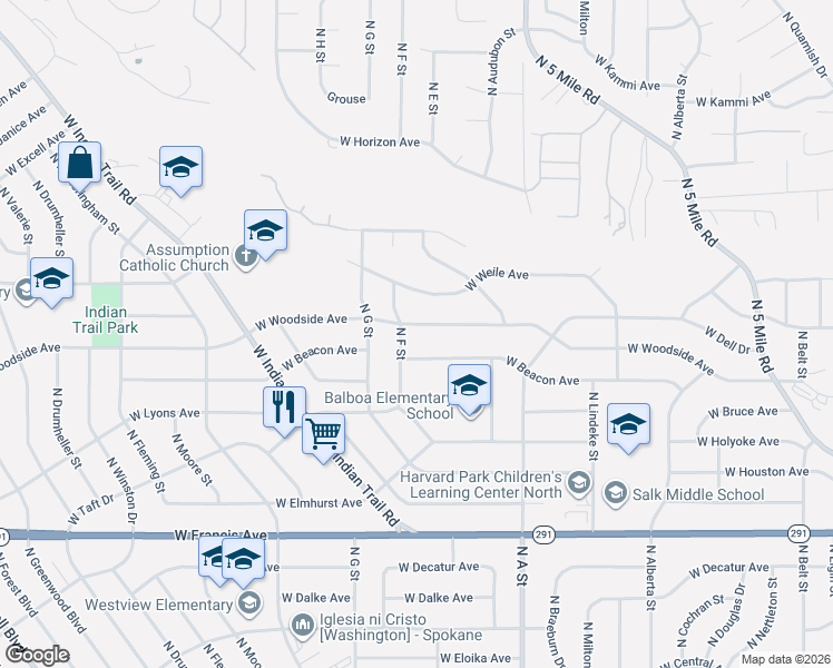 map of restaurants, bars, coffee shops, grocery stores, and more near 3022 West Woodside Avenue in Spokane