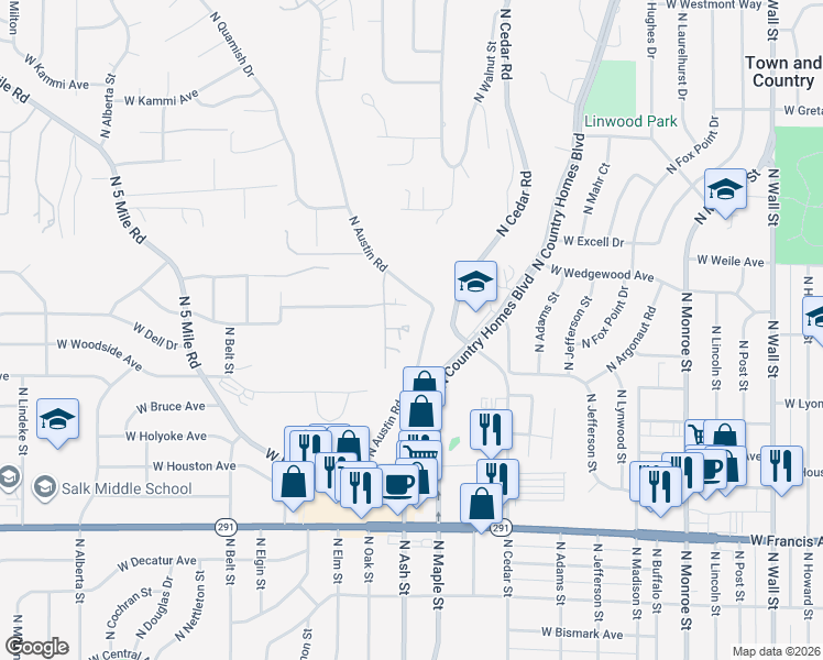 map of restaurants, bars, coffee shops, grocery stores, and more near 6916 North East Bluff Court in Spokane