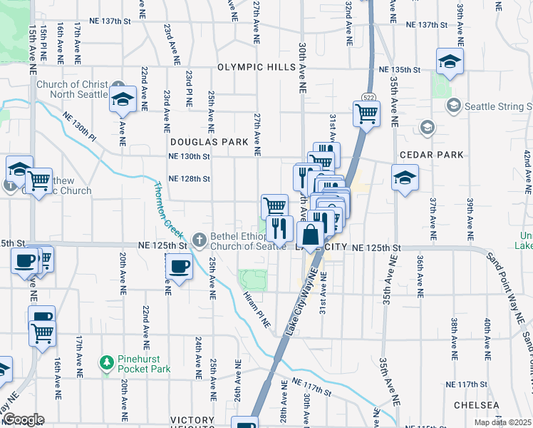 map of restaurants, bars, coffee shops, grocery stores, and more near 2723 Northeast 127th Street in Seattle