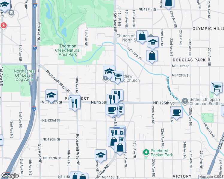 map of restaurants, bars, coffee shops, grocery stores, and more near 12559 15th Avenue Northeast in Seattle