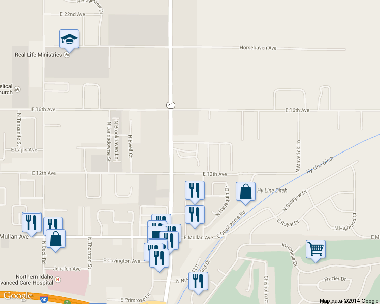 map of restaurants, bars, coffee shops, grocery stores, and more near 1356n Idaho 41 in Post Falls