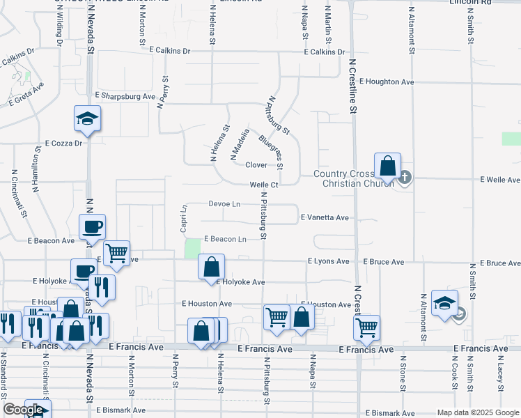 map of restaurants, bars, coffee shops, grocery stores, and more near 1633 Devoe Lane in Spokane