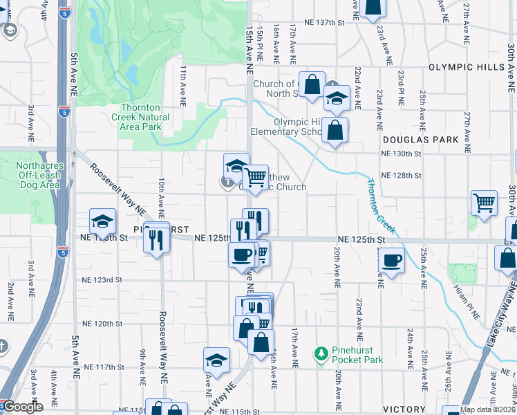map of restaurants, bars, coffee shops, grocery stores, and more near 12559 17th Avenue Northeast in Seattle