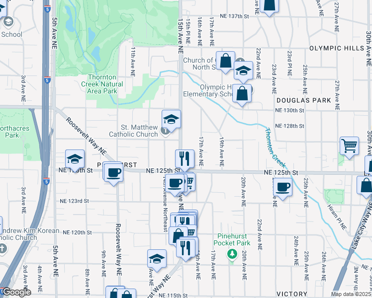 map of restaurants, bars, coffee shops, grocery stores, and more near 12559 17th Avenue Northeast in Seattle