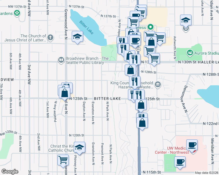 map of restaurants, bars, coffee shops, grocery stores, and more near 12546 North Park Avenue North in Seattle