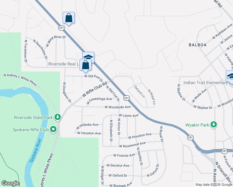 map of restaurants, bars, coffee shops, grocery stores, and more near 6902 North Old Fort Drive in Spokane