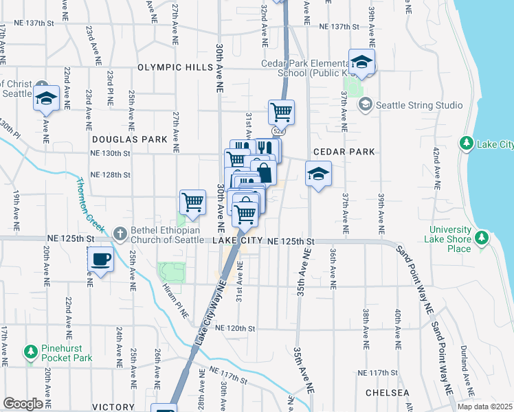 map of restaurants, bars, coffee shops, grocery stores, and more near 12548 Lake City Way Northeast in Seattle
