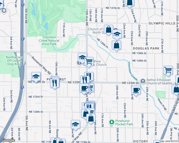 map of restaurants, bars, coffee shops, grocery stores, and more near 12544 15th Avenue Northeast in Seattle