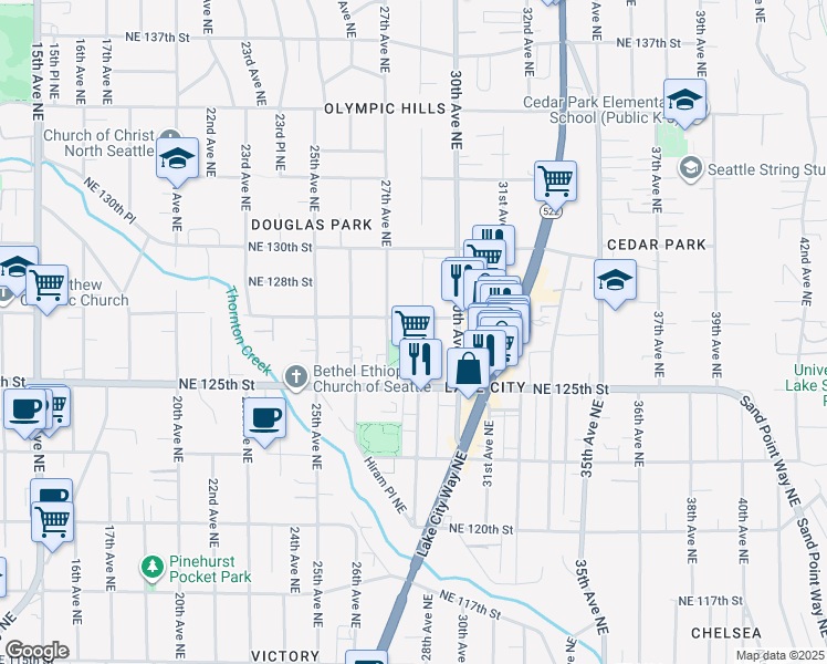 map of restaurants, bars, coffee shops, grocery stores, and more near 2723 Northeast 127th Street in Seattle
