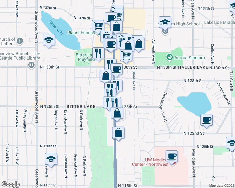map of restaurants, bars, coffee shops, grocery stores, and more near 12550 Aurora Avenue North in Seattle