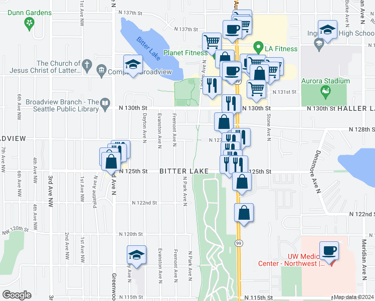map of restaurants, bars, coffee shops, grocery stores, and more near 12540 North Park Avenue North in Seattle