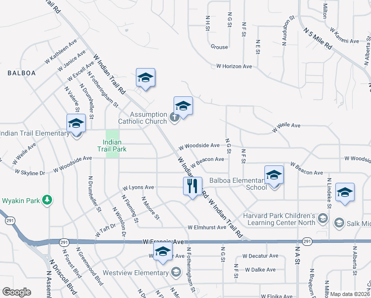 map of restaurants, bars, coffee shops, grocery stores, and more near 3531 West Bruce Avenue in Spokane