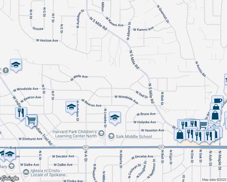 map of restaurants, bars, coffee shops, grocery stores, and more near 2631 West Dell Drive in Spokane