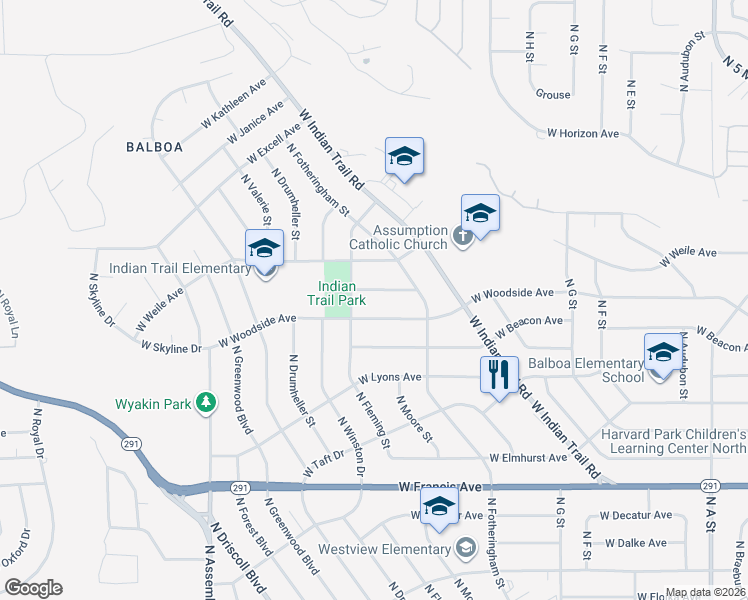 map of restaurants, bars, coffee shops, grocery stores, and more near 3729 West Delbert Avenue in Spokane