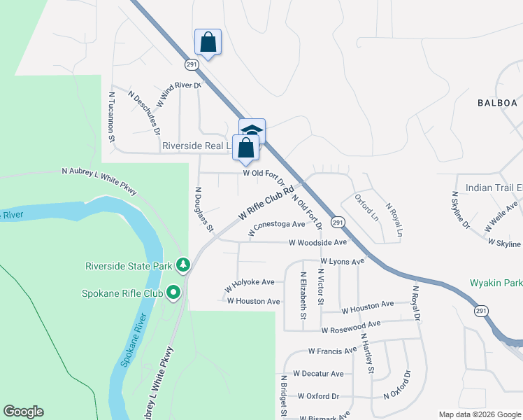 map of restaurants, bars, coffee shops, grocery stores, and more near 5507 West Rifle Club Road in Spokane