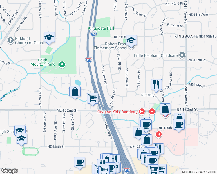 map of restaurants, bars, coffee shops, grocery stores, and more near 13416 115th Avenue Northeast in Kirkland
