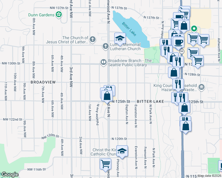 map of restaurants, bars, coffee shops, grocery stores, and more near 12550 Greenwood Avenue North in Seattle