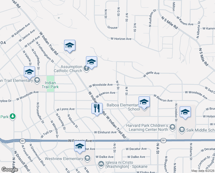 map of restaurants, bars, coffee shops, grocery stores, and more near 3337 West Woodside Avenue in Spokane
