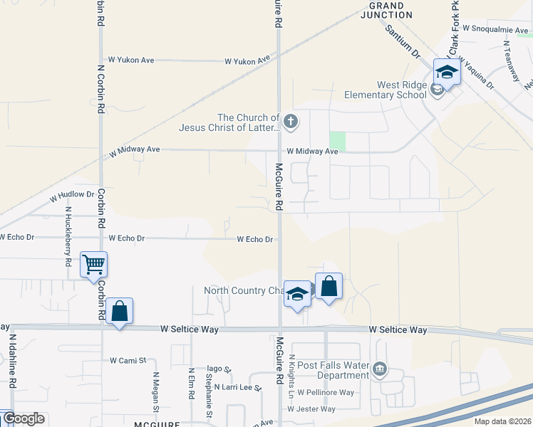 map of restaurants, bars, coffee shops, grocery stores, and more near 2509 Okanogan Avenue in Post Falls