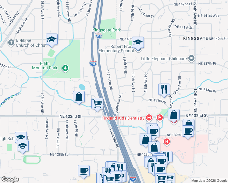 map of restaurants, bars, coffee shops, grocery stores, and more near 13416 115th Avenue Northeast in Kirkland