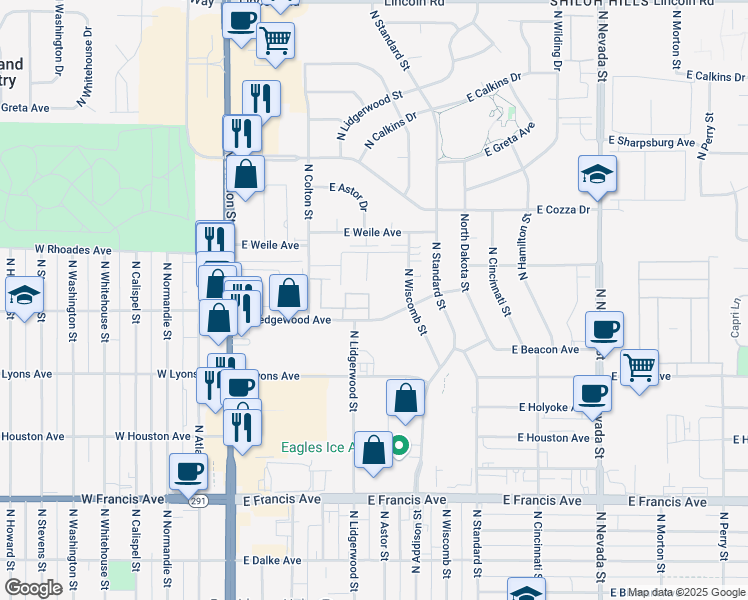 map of restaurants, bars, coffee shops, grocery stores, and more near 325 East Wedgewood Avenue in Spokane