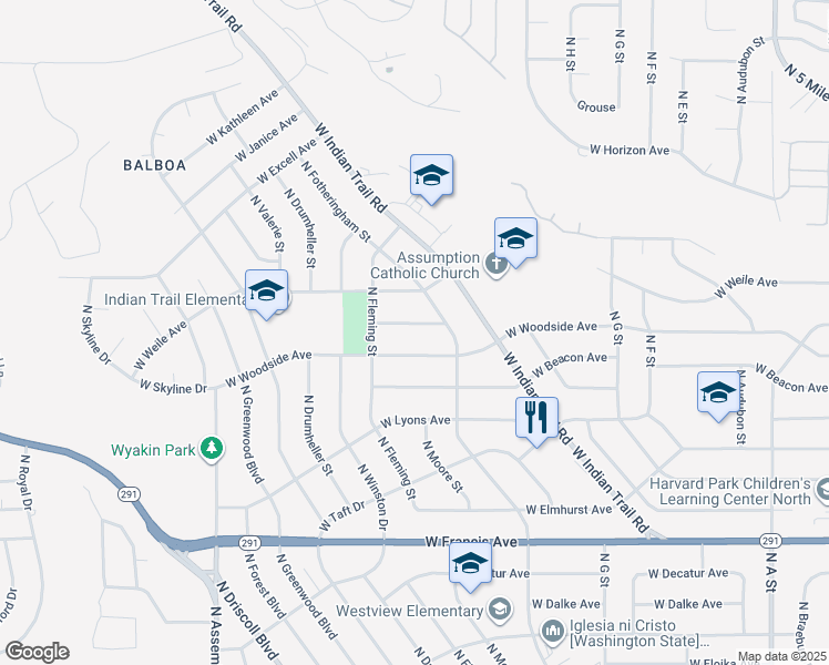map of restaurants, bars, coffee shops, grocery stores, and more near 3729 W Delbert Ave in Spokane