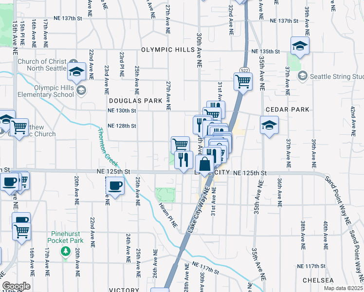 map of restaurants, bars, coffee shops, grocery stores, and more near 2723 Northeast 127th Street in Seattle