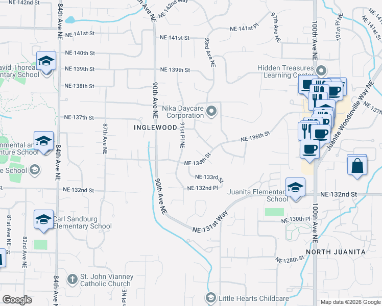 map of restaurants, bars, coffee shops, grocery stores, and more near 13424 91st Place Northeast in Kirkland